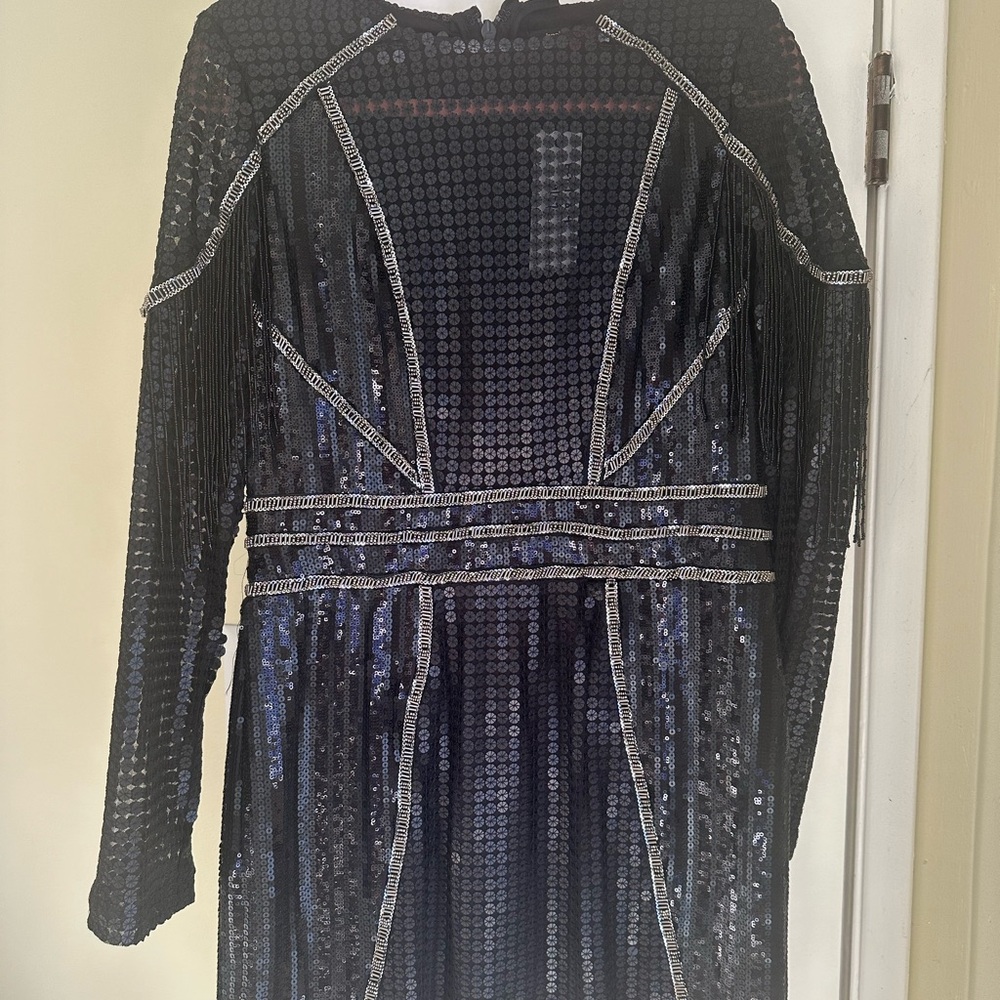 Boohoo Premium black sequin dress with beaded, long sleeve with beaded fringe.